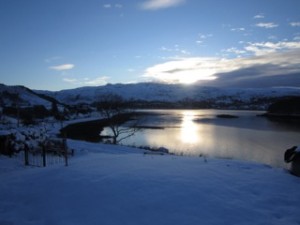 Winter sunset, luxury highland house, Shieldaig, Scotland